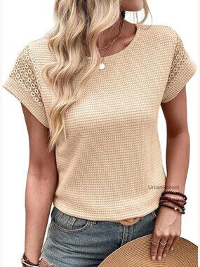 Waffle Knit Lace Hollow Out Short Sleeve T-Shirt Crewneck Loose Fit Summer